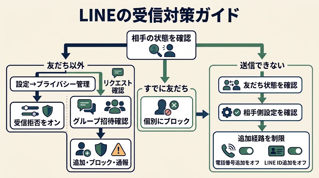 LINEの受信対策を俯瞰できる横長の判断フローチャート