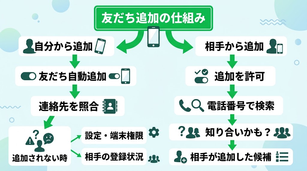 「友だち追加の仕組み」を配置し、その下から左右二つの経路へ分岐する