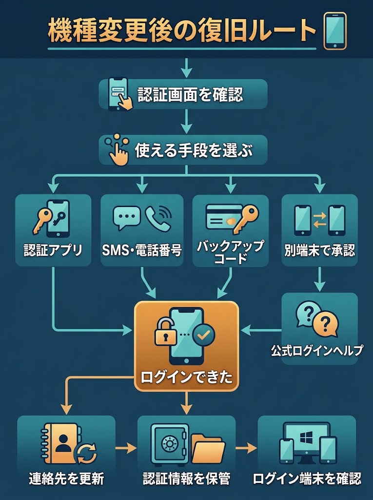 機種変更後にインスタへログインできないときの復旧ルートを俯瞰できる判断フローチャート