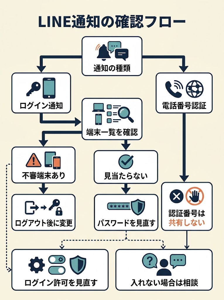 通知後に何を確認するかが分かる、上から下へ進む判断フローチャート